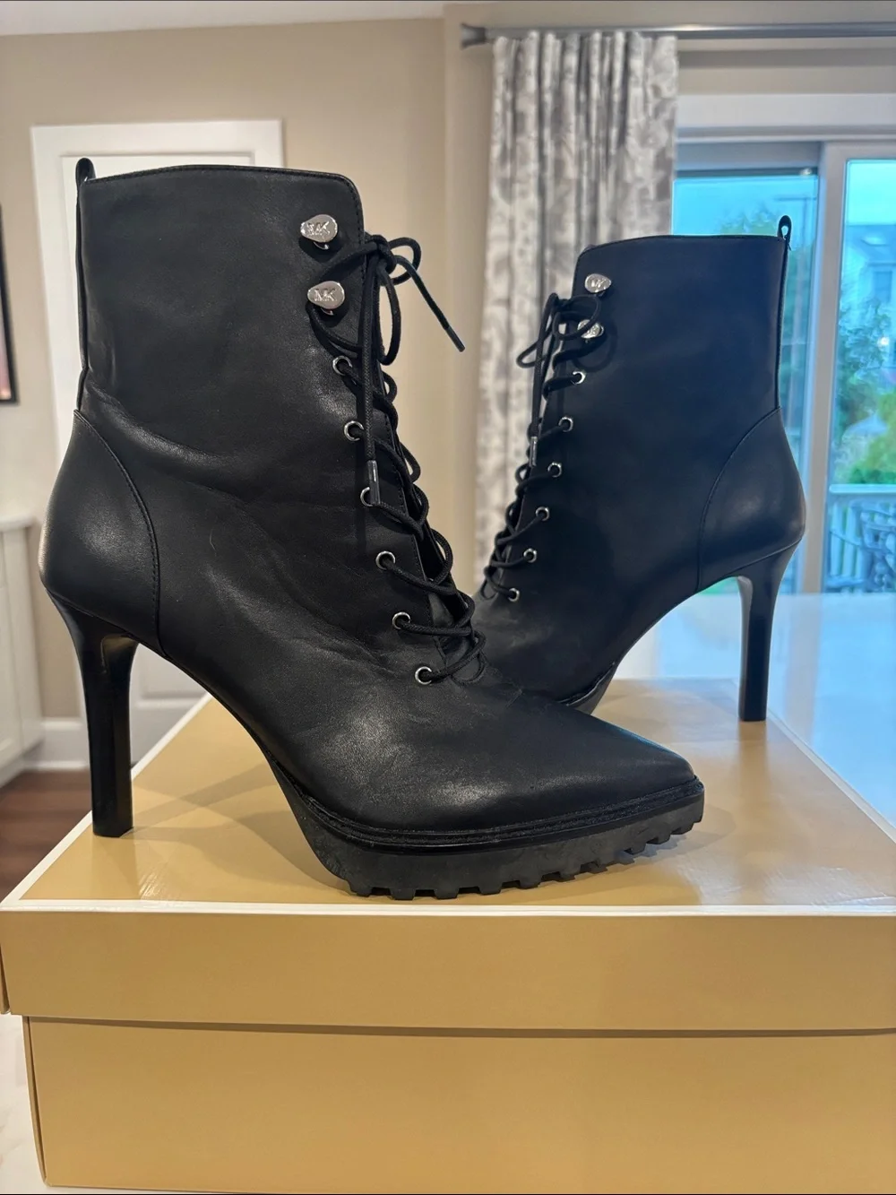 Michael Kors Black Lace-Up Stiletto Ankle Boots with Side Zip